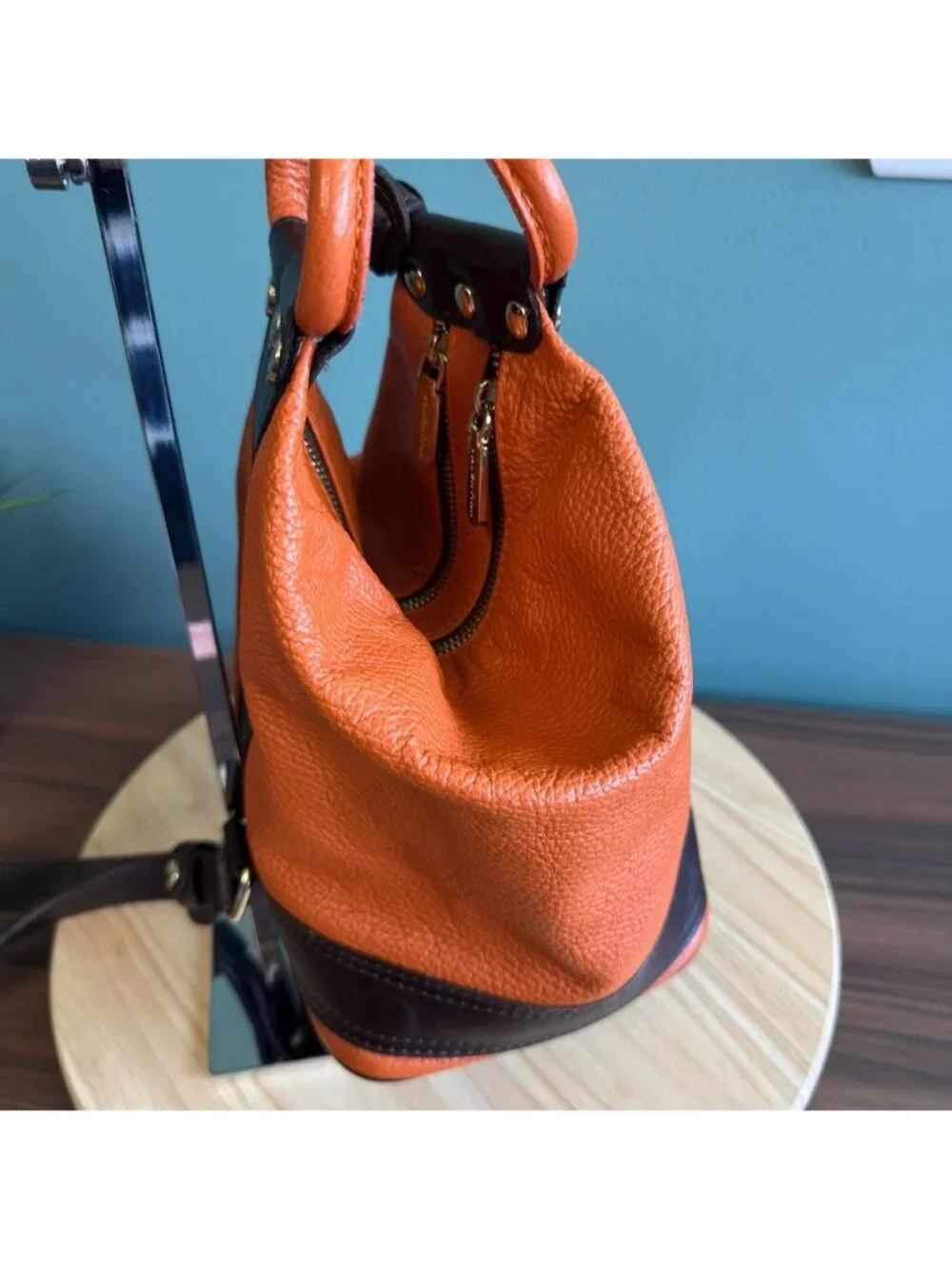 Valentina Italian Leather Shoulder Backpack Pebbled Orange Brown Many Pockets
